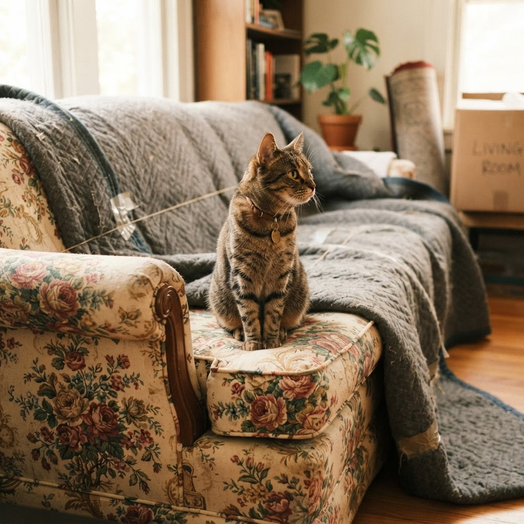 A vintage floral-pattern couch wrapped in moving blankets with a curious cat inspecting it
