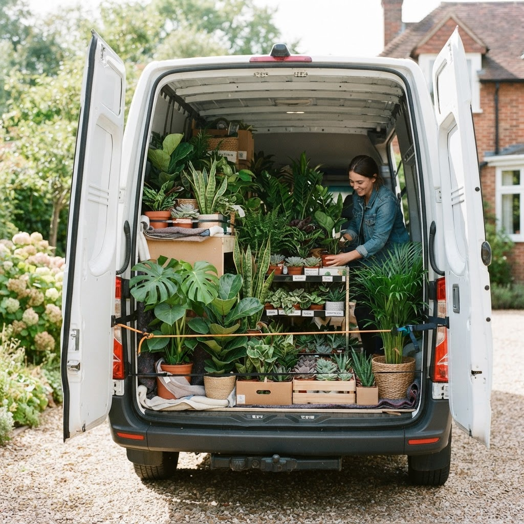 A clean white Sprinter van packed carefully with many potted houseplants